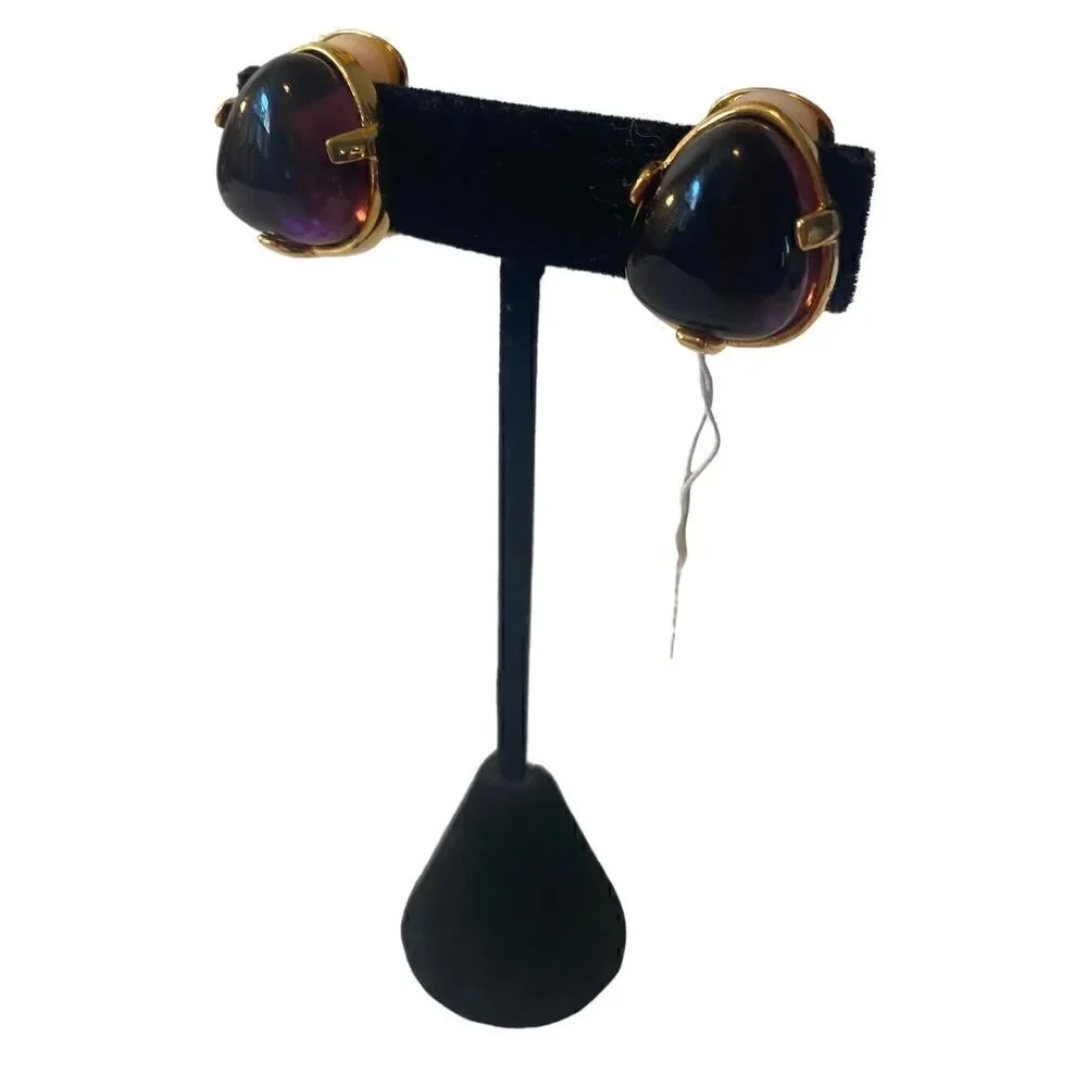 Kenneth Jay Lane Couture Collection Amythest Colored Yellow Gold Clip Earrings - Picture 4 of 7